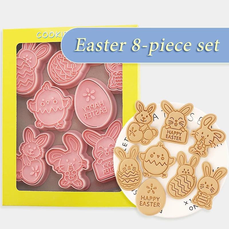 8Pcs Easter Plastic Cookie Cutter Rabbit Egg Biscuit Mold 3D Cartoon Bunny Mould Cake Baking Tools Easter Party Decorations 2024