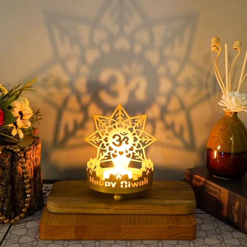 1 st Lycka Hemdekoration Diwali Festival Hantverk Buddha Staty Ihålig Metall Skuggkonst Ljusstake Ljuslampa