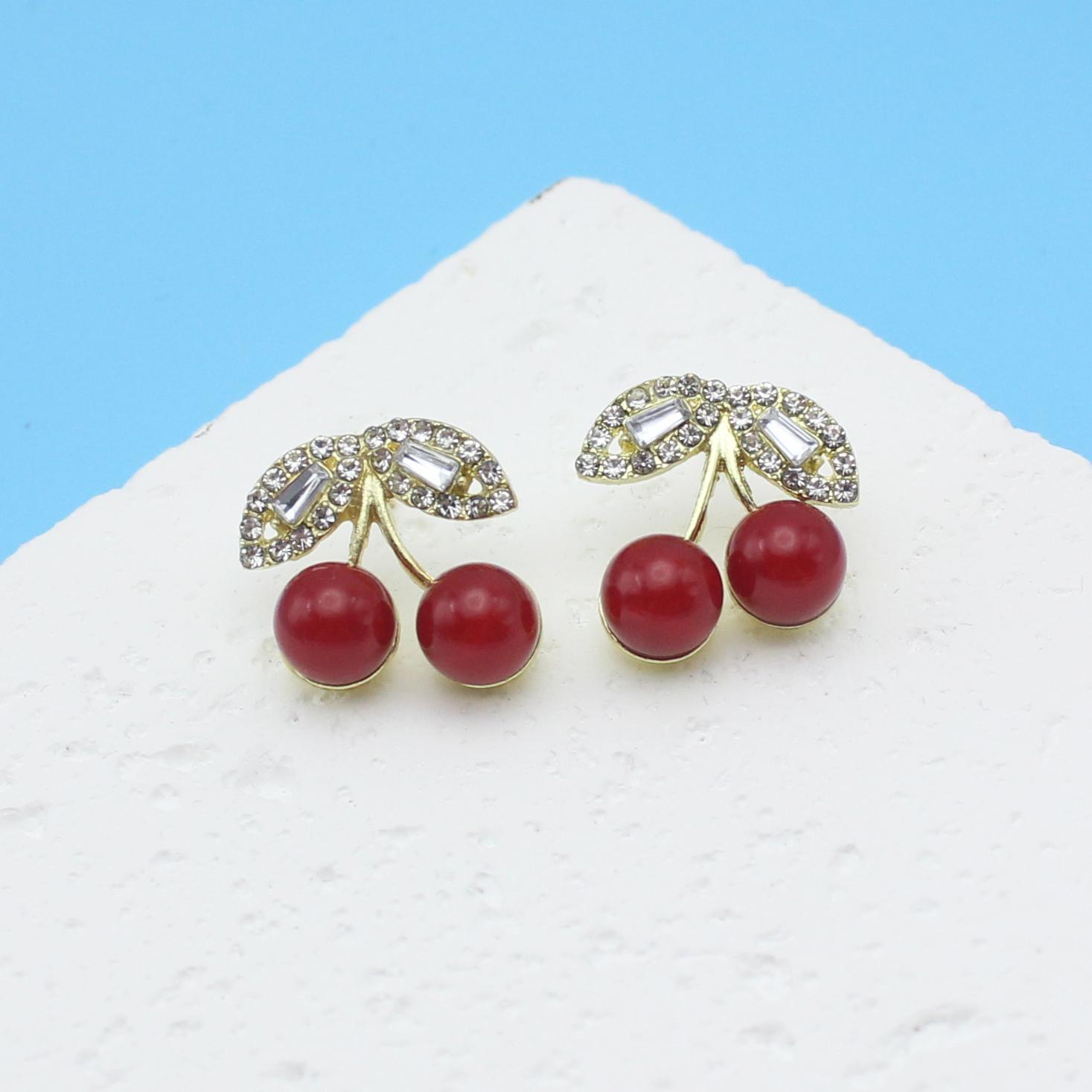 

Sweet Full Rhinestone Crystal Red Color Cherry Leaf Stud Earring for Women Female Ear Zircon Christmas Gift Brincos