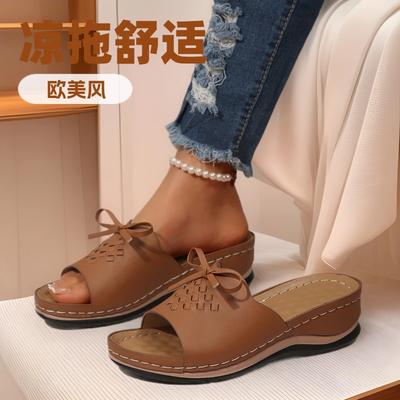 2025 New Foreign Trade Summer Women's Thick-soled Slippers Large Size Wide Strip with One-word Slope Heel Thick-soled Slippers