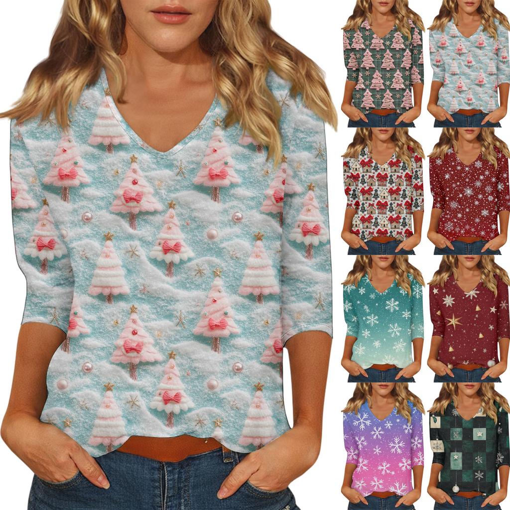 Women's Casual Fashionable Sexy Comfortable V-Neck Christmas Three-Quarter Sleeve Top