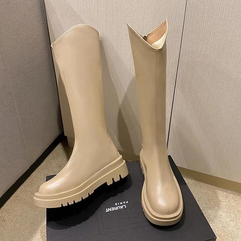 Fashion Elastic High-Cut Boots Women's Spring Autumn round Toe Thick Heel Knight Style Knee-High Boots Comfortable Breathable Leather