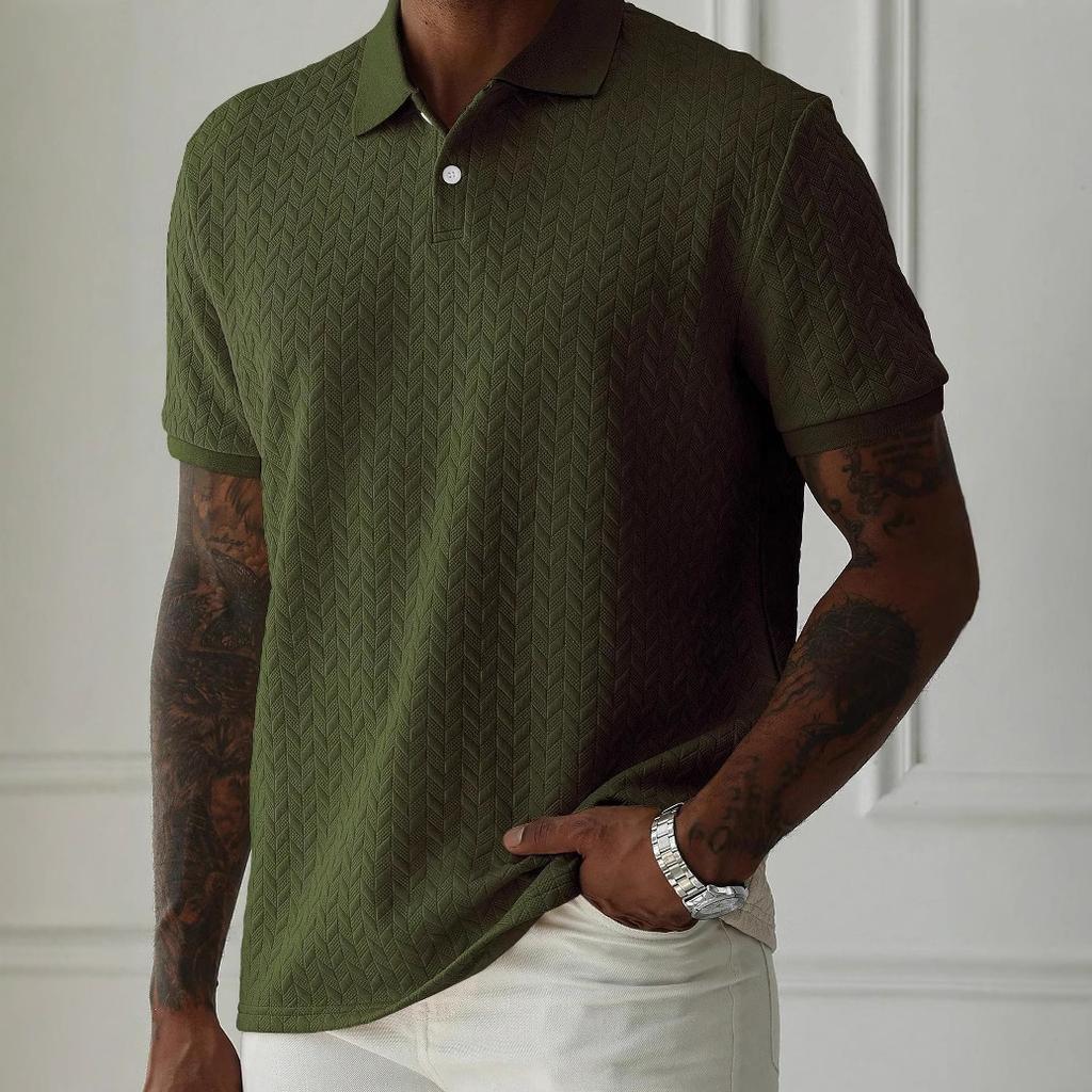 Men's Short Sleeve Knit Texture Polo Shirt Button Collar Casual Top