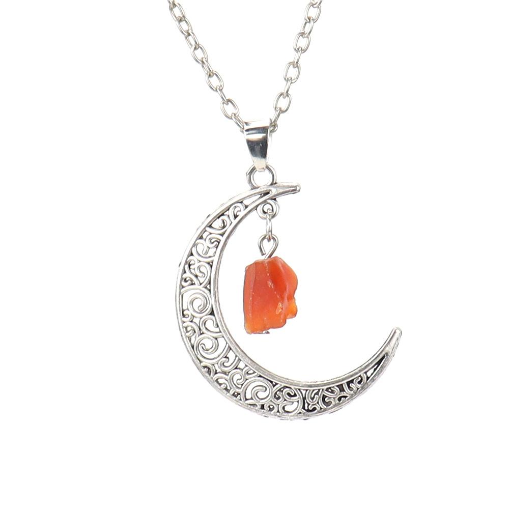 Hollow Moon Natural Rough Stone Crystal Pendant Necklace Amethyst Pendant Couple Necklace N597