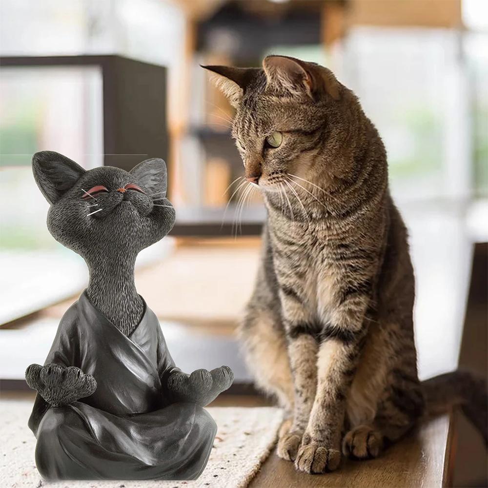 Skurrile schwarze Buddha-Katzenstatue, Meditation, Yoga-Kollektion, glückliche Katze, dekorative Kunstskulptur, Gartenstatue für den Außenbereich