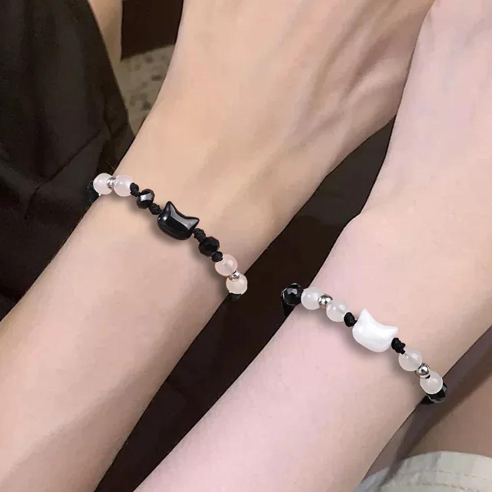 Natural Moonstone Obsidian Bracelets Couple Minimalist Bracelet Handmade Cute Black White Cat Bracelet Party Jewelry Gifts