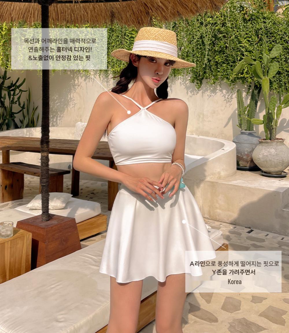 

Корейский купальник-двойка без спины в стиле Дондэмун: Однотонный цвет, сексуальный дизайн юбки для отпуска или горячего источника. M белый