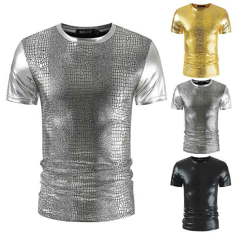 Men's Shiny Metallic Shirts T-shirt Short Sleeve Crew Neck Nightclub Club Party Stage Performance Tee Tops