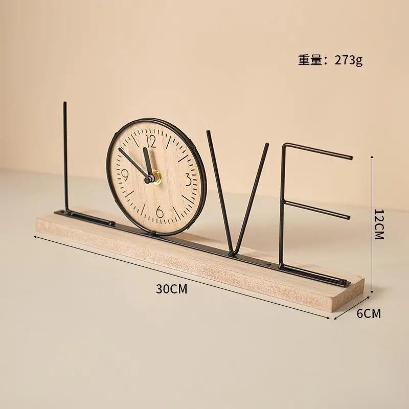 Wooden Analog Clock Table Clock Figurine Wooden Ornament Non-Ticking Desk Analog Clock Silent Iron Art for Bookshelf Bedside