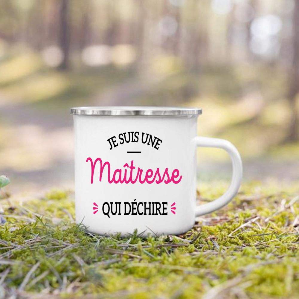 Merci Maitresse French Print Enamel Mug Drinks Dessert Milk Cup Creative Coffee Cups Vintage Handle Drinkware Gift for Teacher
