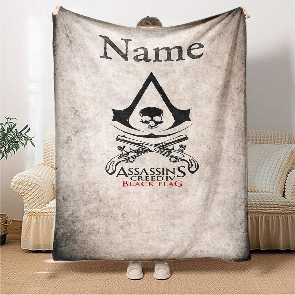 Koc z nadrukiem w stylu Assassin's Creed z imieniem na zamówienie Idealny na kanapę, łóżko, podróże, do użytku na zewnątrz Można prać w pralce Przytulny Trwały