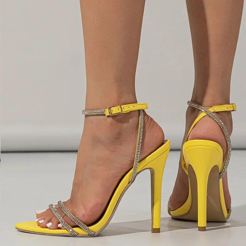 Women Yellow High Heels Shoes Fashion Rhinestones Pointed Toe Sandals Summer Ladies Ankle Buckle Straps Stilettos Pumps