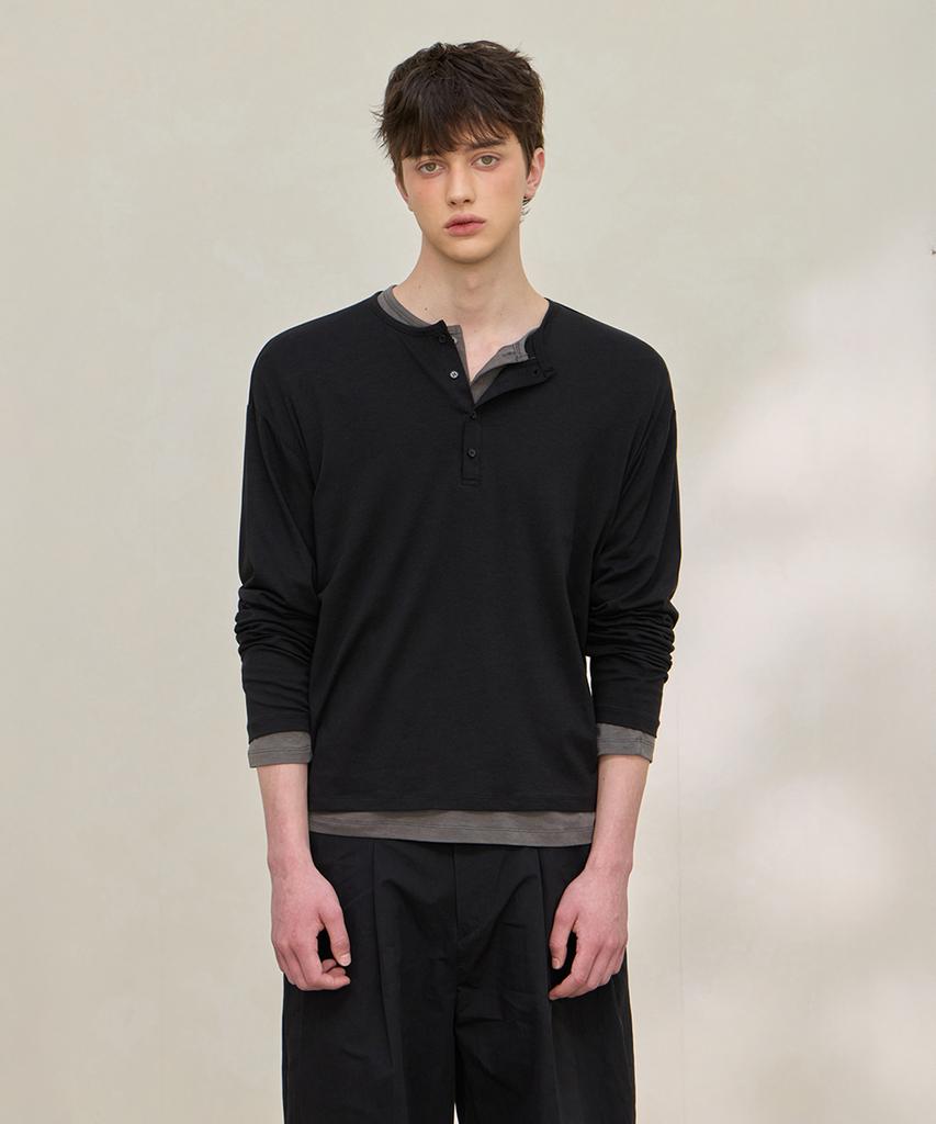 MOOD INSIDE Tencel Layering Henley Neck Long Sleeve_Black
