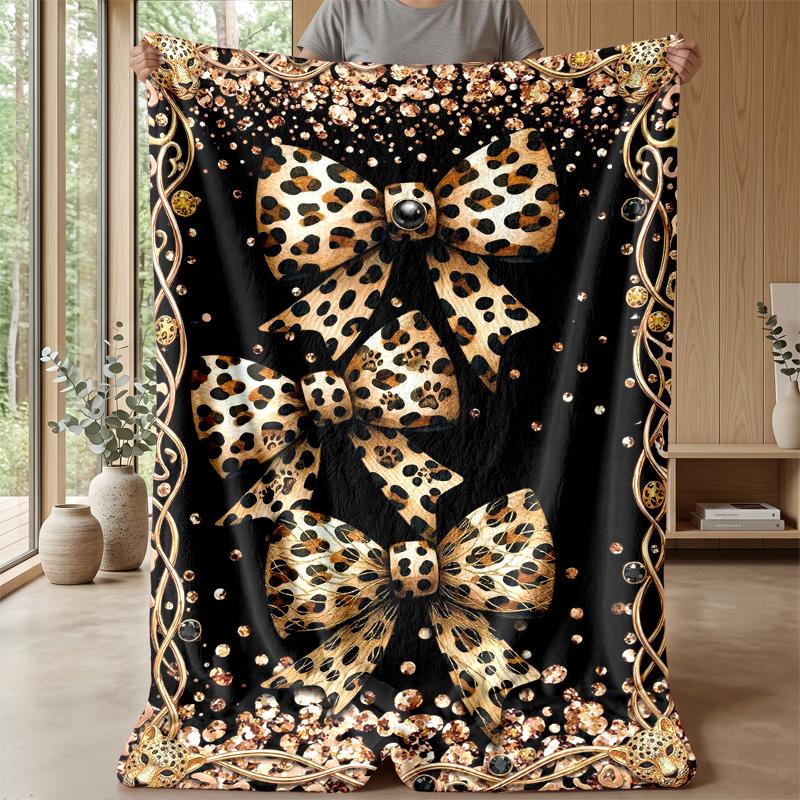Leopard Print Bow Decor 1 Theme Blanket Lightweight Warm Flannel Blanket Decorative Throw Blanket for Home Decoration
