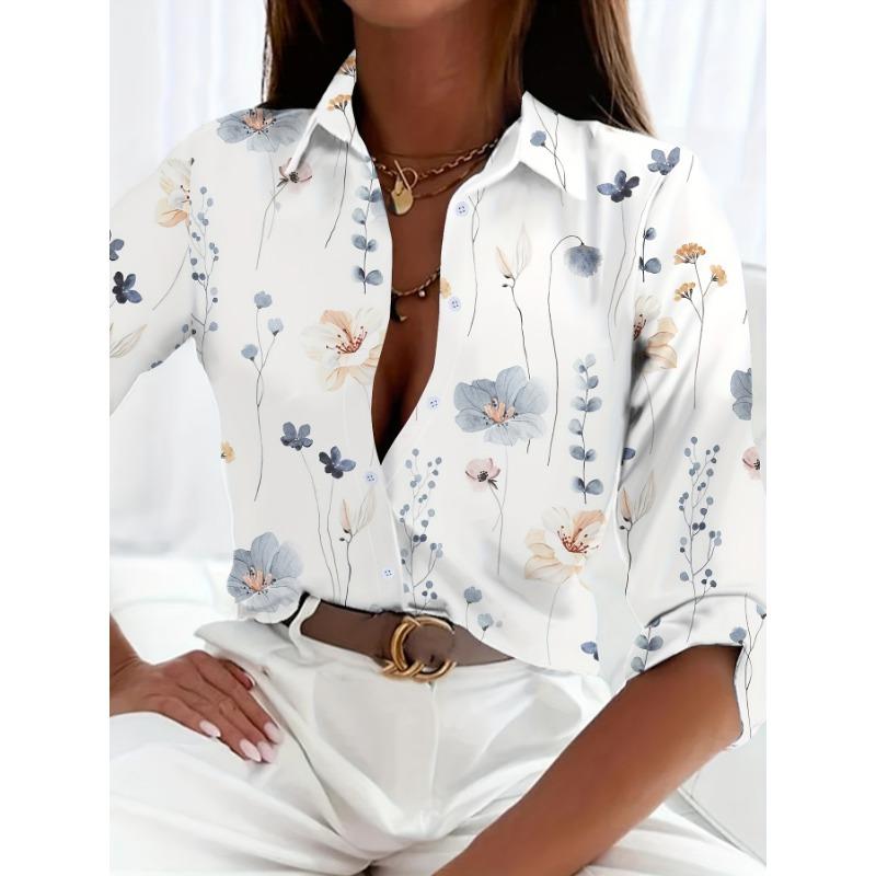 Fashion Women's Chain Flower Printed Shirt Women's Long Sleeve Tops Cotton Office Spring and Autumn Casual Loose Tops