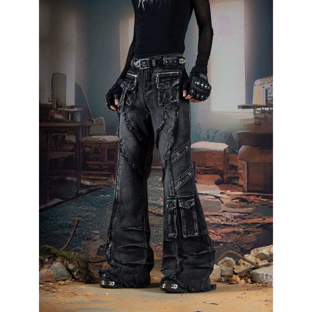 BeatStreet Design Oscuros Calle Principal Super Industria Pesada Deconstruidos Bolsillos Múltiples Costuras Pliegues Pinzados Pantalones Vaqueros Bootcut