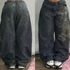 Jeans Gialli Lavati Vintage Y2K con Nuovi Motivi Ricamati Lettere Donna Rock Casual Joker Gamba Larga Vita Alta Pantaloni