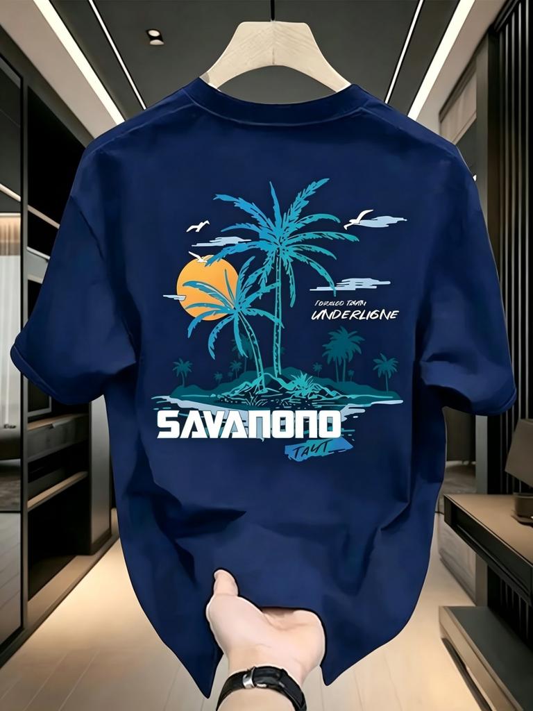 New Unisexs Summer Beach Coconut Tree Letter Printed Machine Wash Comfortable Breathable Round Neck Tshirt Outdoor Casual Top