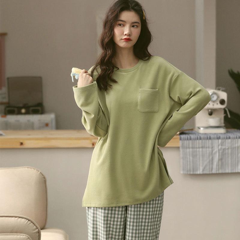 Spring and Autumn Korean version pajamas women's fashion simple autumn and winter casual fine imitation cotton long loungewear suit can be worn thin
