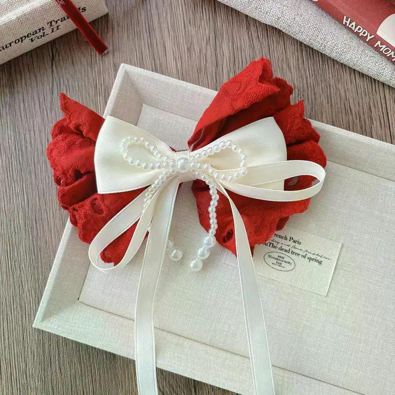 New Lace Bowknot Hair Clips For Girls Sweet Versatile Stylish New Year Ponytail Hairpin Red Velvet Korean Kids Princess Headwear