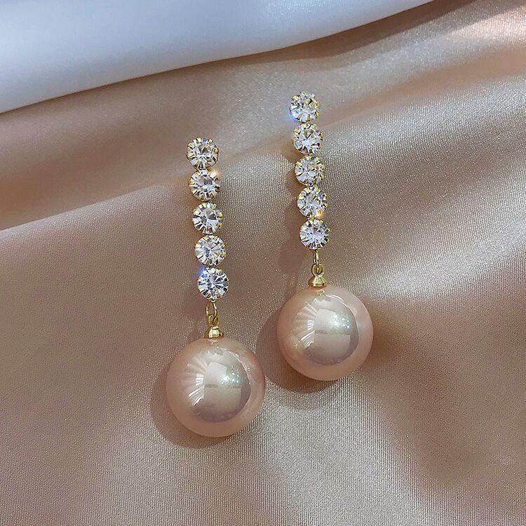 Vintage Temperament Sparkly Rhinestone Tassels Pearl Dangle Earrings for Women Bride Wedding Fashion Designer Earrings Jewelry