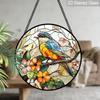2D Flat Stained Glass Bird Window Decoration, 7.87inches Blue Bird Pink Flower Design Colored Glass Plate with Chain, Charming Spring Summer Sun
