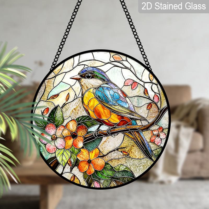 2D Flat Stained Glass Bird Window Decoration, 7.87inches Blue Bird Pink Flower Design Colored Glass Plate with Chain, Charming Spring Summer Sun