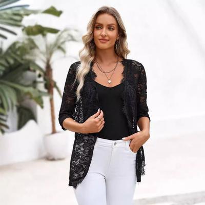 Elegant Ladies Jacquard Lace See-Through Solid Color Cardigan Jacket Coat Top