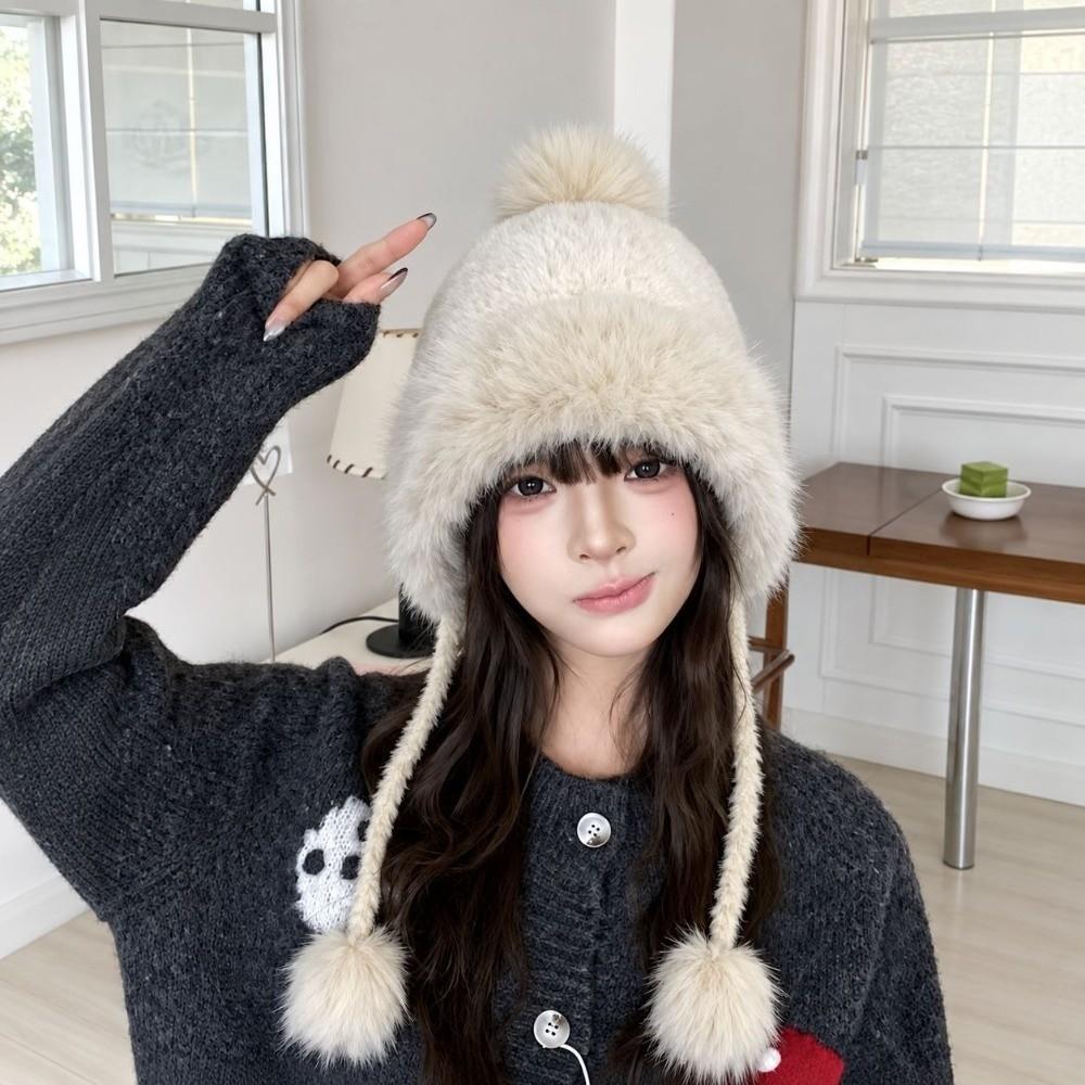 Polyester Faux Fur Hat Thick Warm Winter Knitted Hat Cozy Fair Isle Trapper Hat For Women