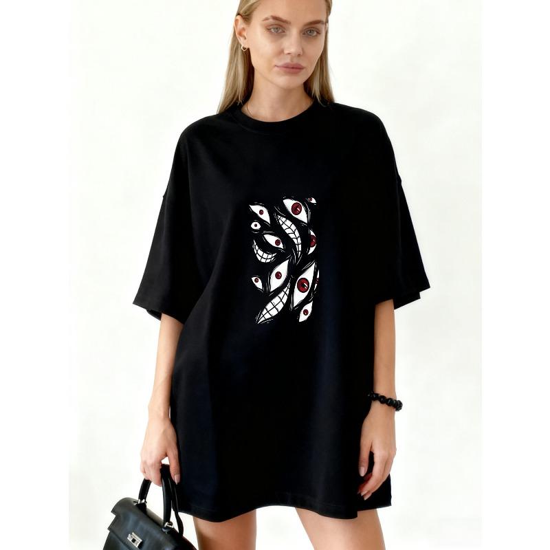 

Oversized T Shirt Dress Black Abstract Eyes And Smiles Print Casual Wear XXXXL чорний