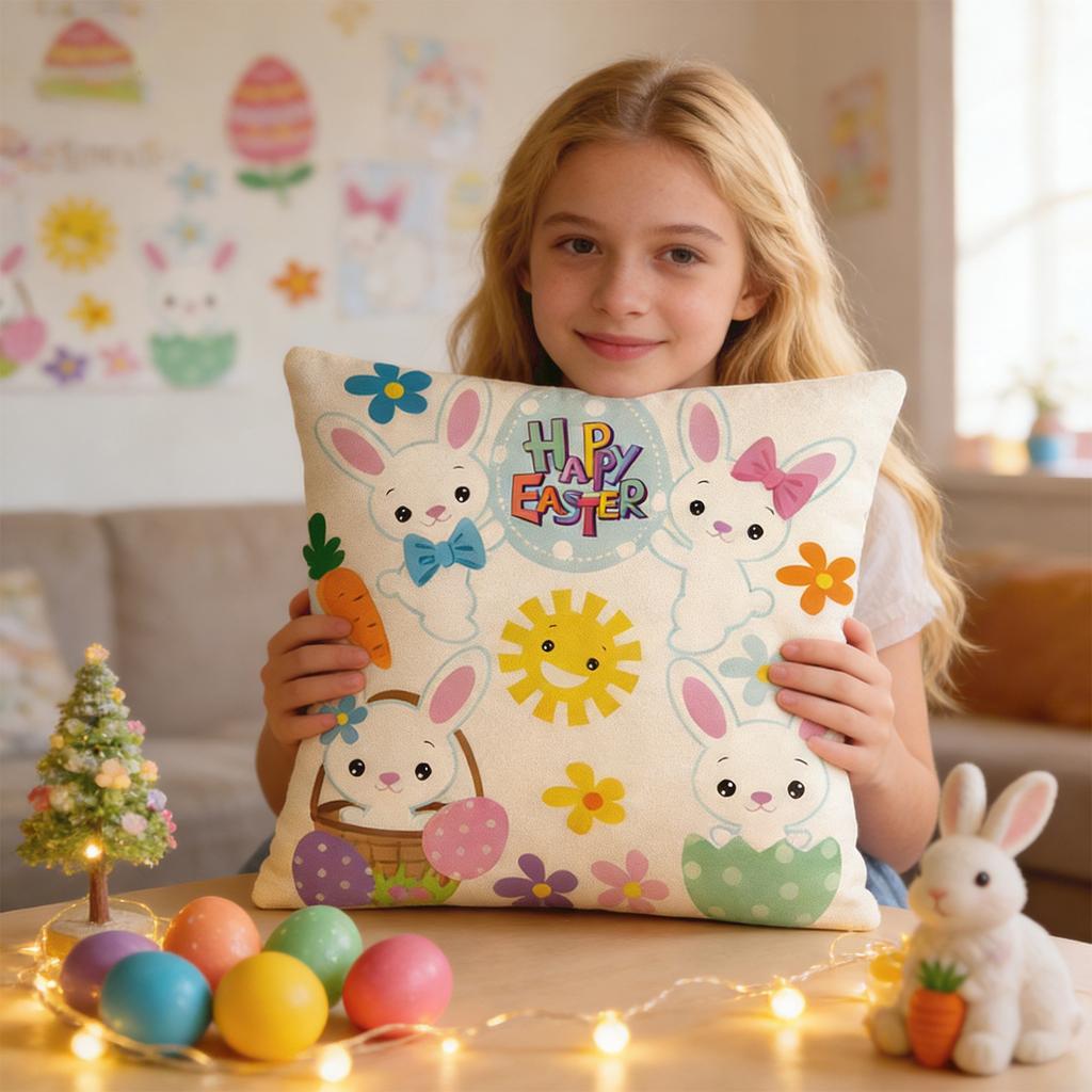 Easter Bunny Linen Pillowcase Home Sofa Cushion Cover