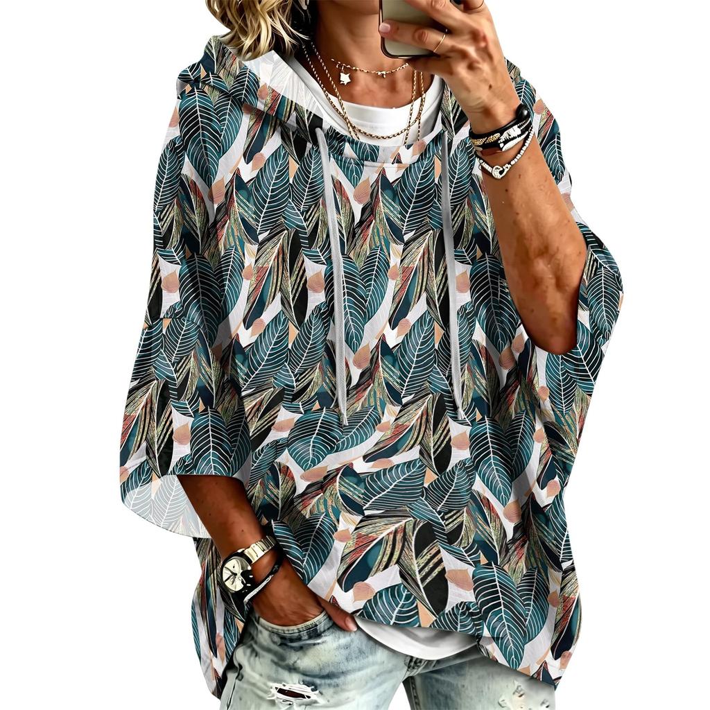 Women's Vintage Floral Print Hooded Pullover Top with Three-Quarter Sleeves for Casual Everyday Wear
