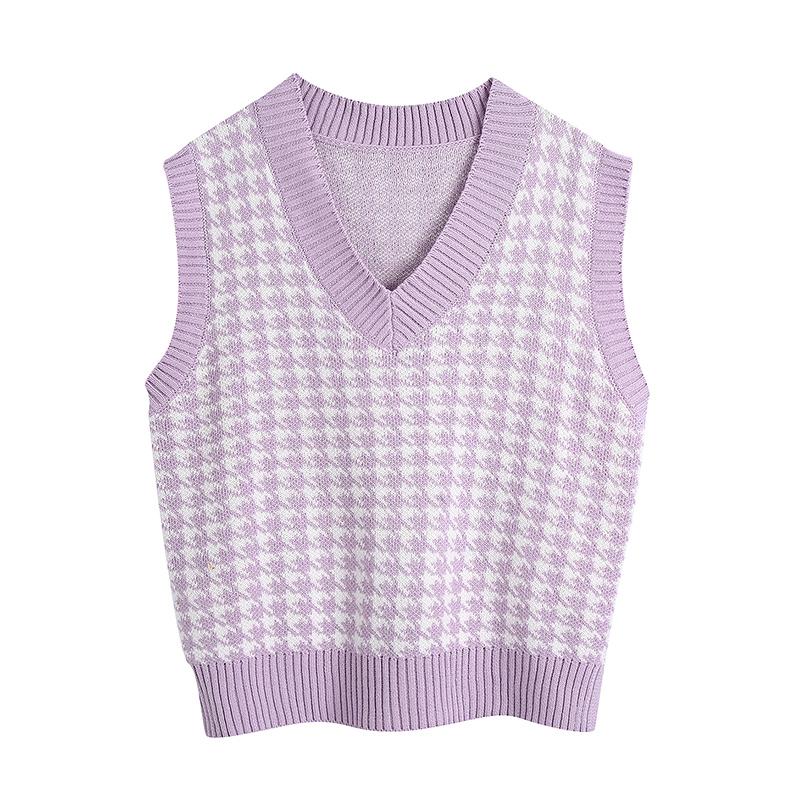 Women Fashion Oversized Houndstooth Plaid Knitted Vest Sweater Vintage Sleeveless Side Vents Female Waistcoat Chic Tops