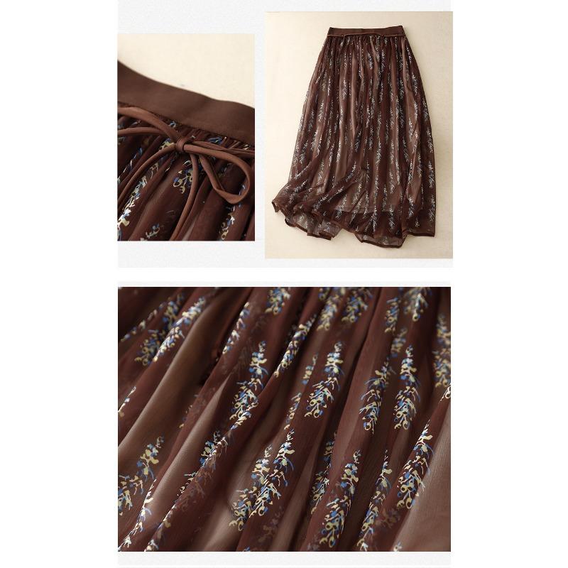 Summer new literary loose chiffon floral skirt women's medium and long anti-penetration gauze skirt A-shaped skirt