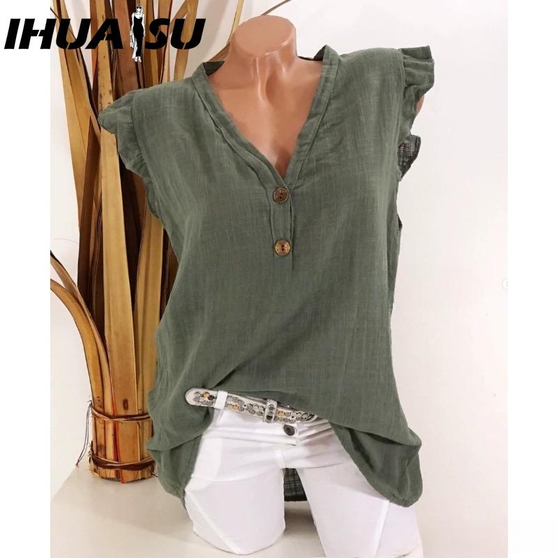 

IHUASU Женские модные повседневные однотонные блузки и рубашки без рукавов с v-образным вырезом и принтом XXXL армия зеленый