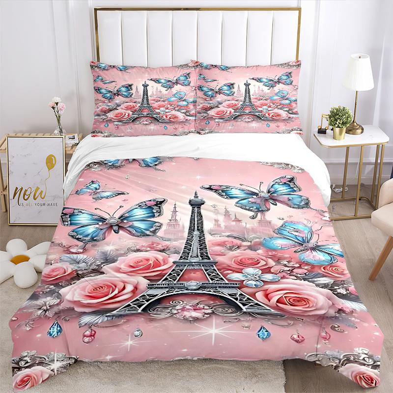 3pcs Parisian Butterfly & Rose Eiffel Tower Bedding Set, Includes One Quilt Cover and Two Pillowcases (No Core), Home Decor, Festival Gift