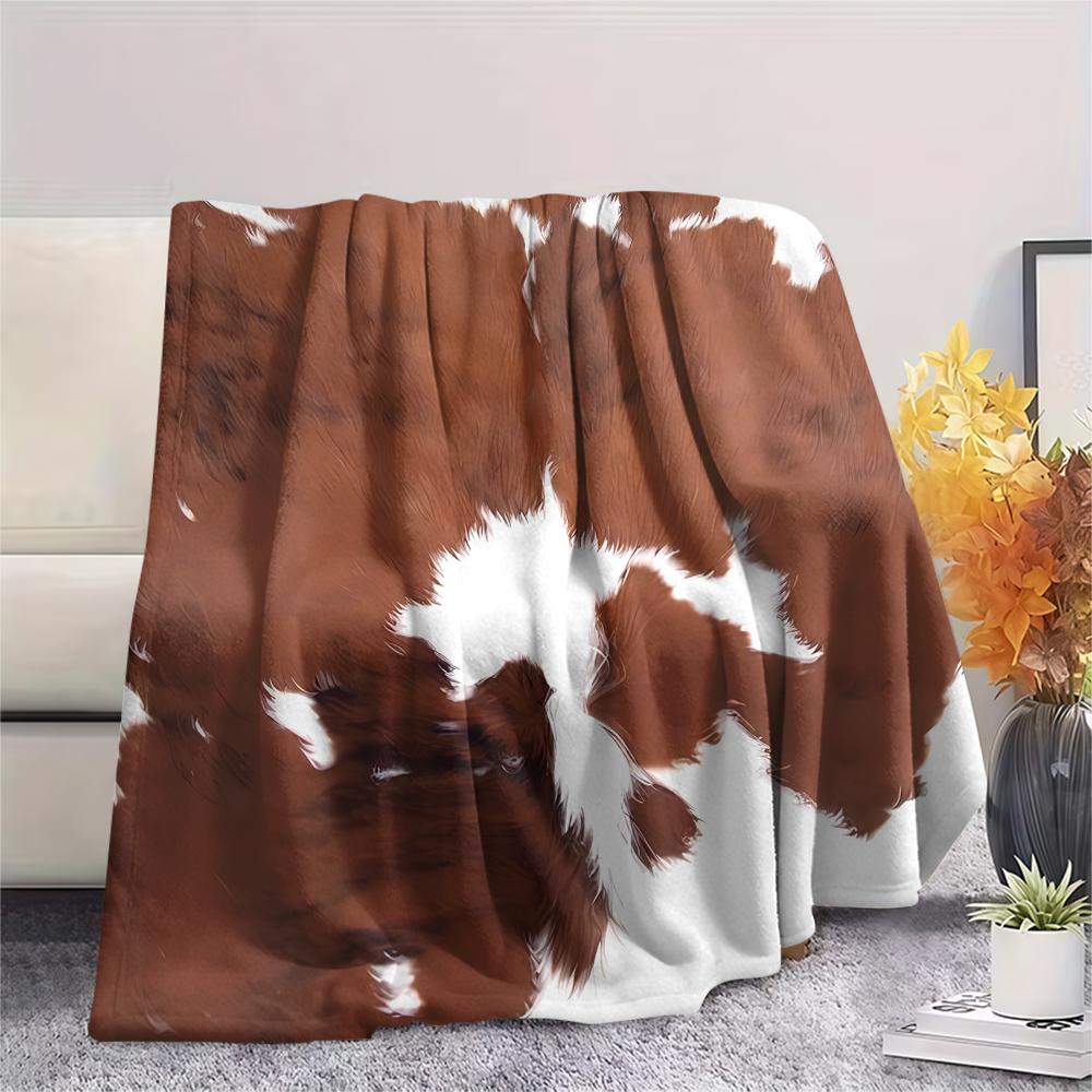 1Pc Rustic Cowhide Style Print Flannel Blanket, High Quality Comfortable for All Seasons, Home Decor, Warmth and Comfort, Perfect for Gifts