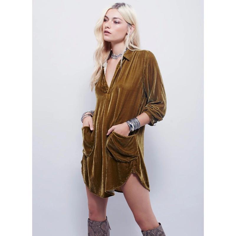 Women's Autumn New Jacket V-neck Loose Long-sleeved Golden Velvet Shirt Dresses