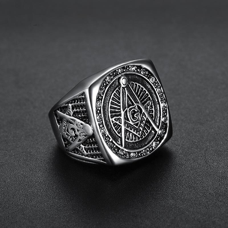 Fashion Rhinestone Masonic Ring Stainless Steel Charm Jewelry for Women Men Exquisite Freemason Ring SMR0012