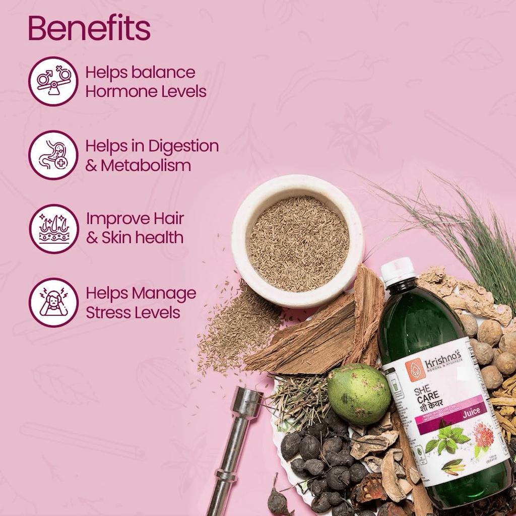 KRISHNA'S HERBAL & AYURVEDA She Care Juice 1000ml, Herbal Supplement for Hormonal Balance, PCOS, PCOD, Period Pain Relief, Hair and Skin Hea