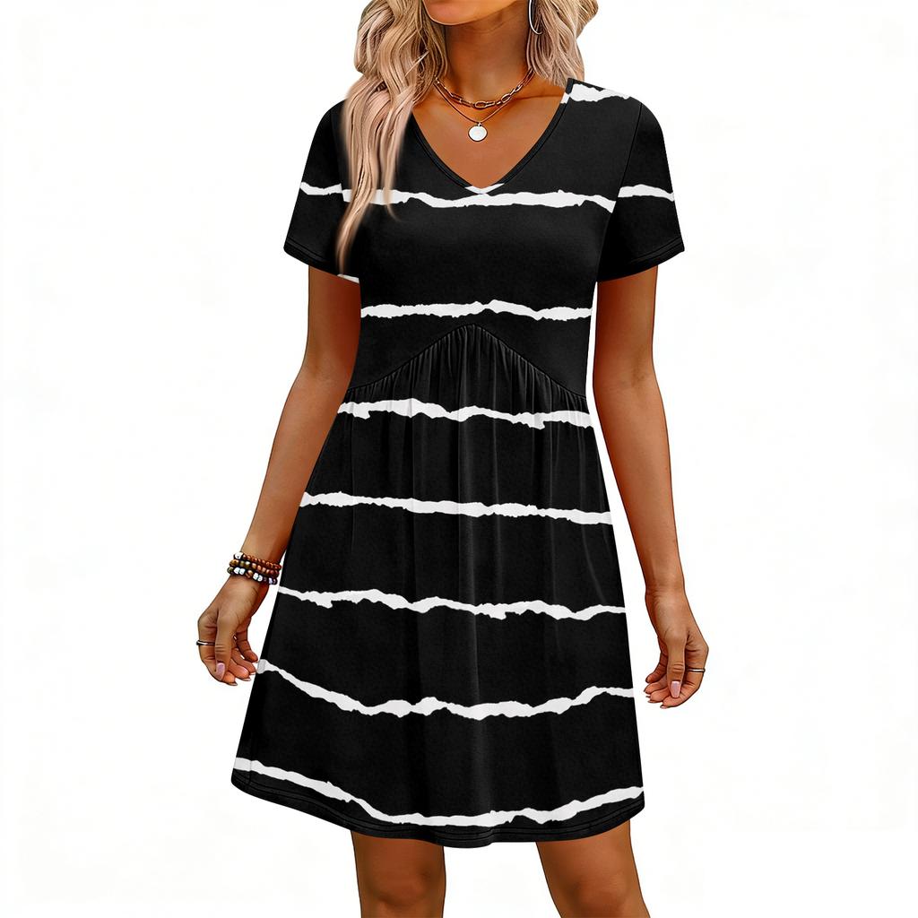 Modisches Damenkleid mit Print, V-Ausschnitt, kurzärmelig, locker, lässig, für den Strandurlaub