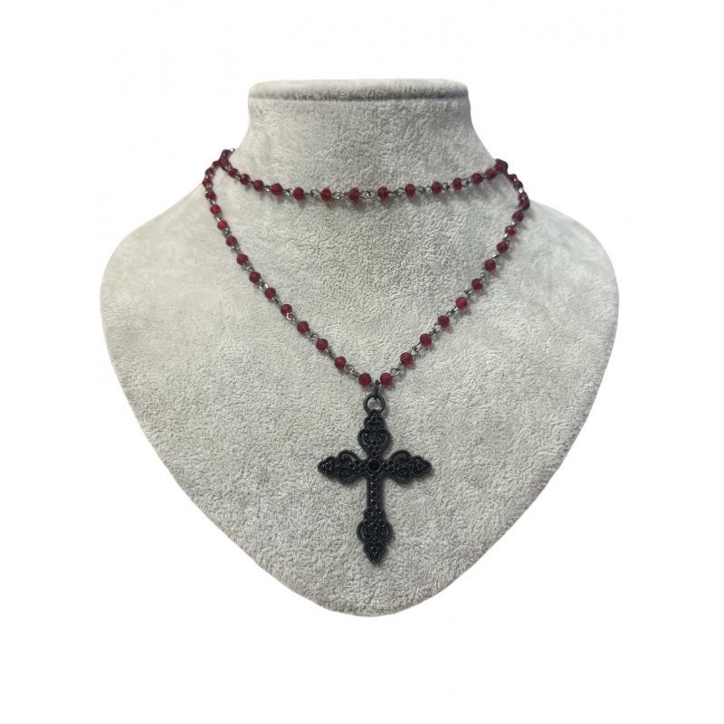 Gothic Layered Black Cross Necklace – Fashionable Vampire Beaded Design