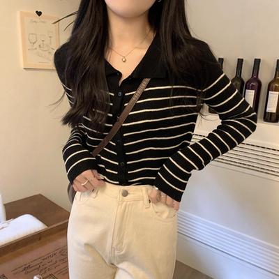 Polo Lapel Striped Knitted Primer Cardigan Women's Autumn and Winter Soft Waxy Sweater Top Chic Outer Sweater