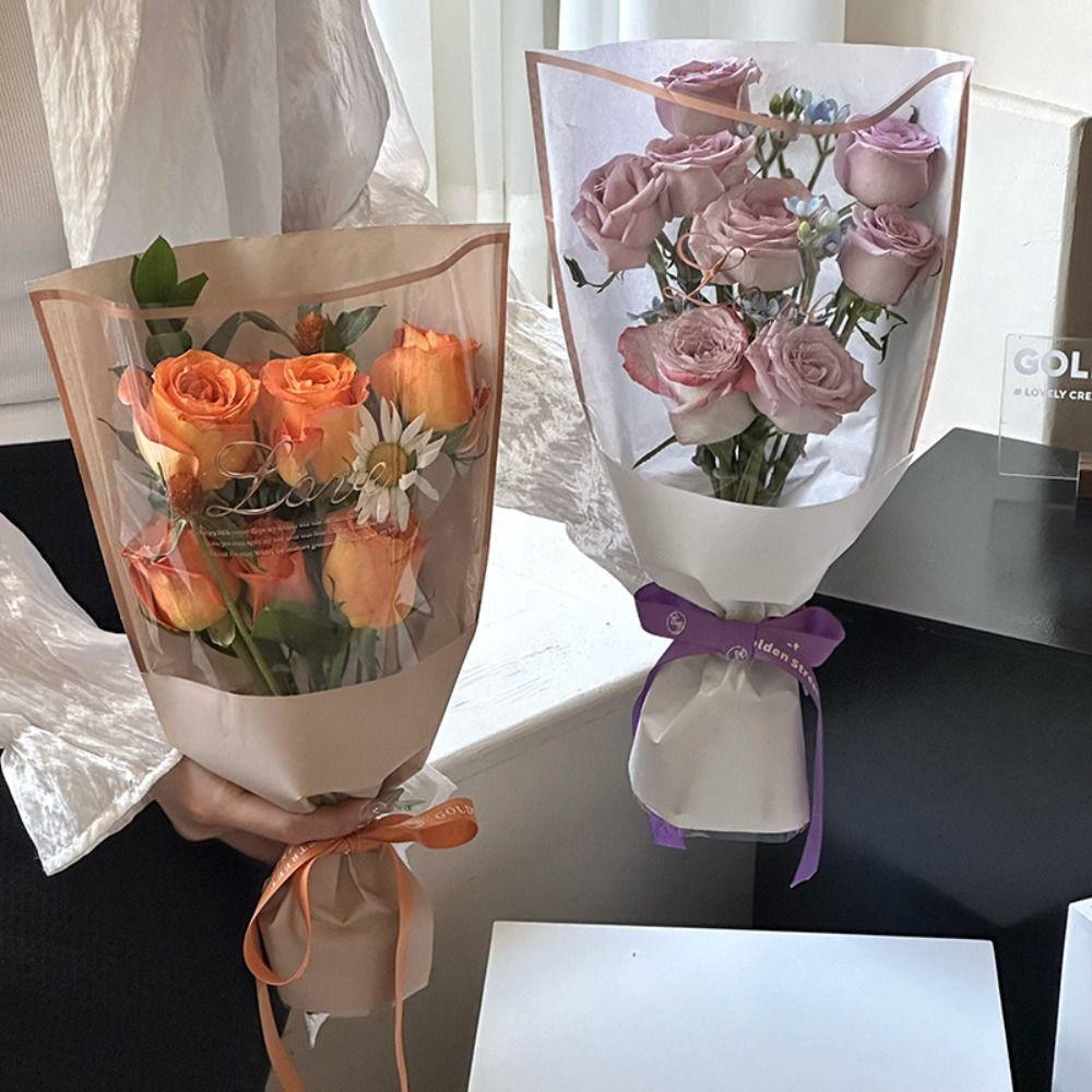 20PCS Transparent Flower Packaging Bag Hot Stamping Foil Rose Wrapping Bag Bouquet Packing Bag