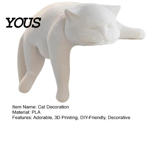 Modern Cat Ornament for Home 3D Printed Lazy Figurine, Sleeping Kitten Desk Decor, Cute Animal Statue Minimalist Room Office, DIY Paintable