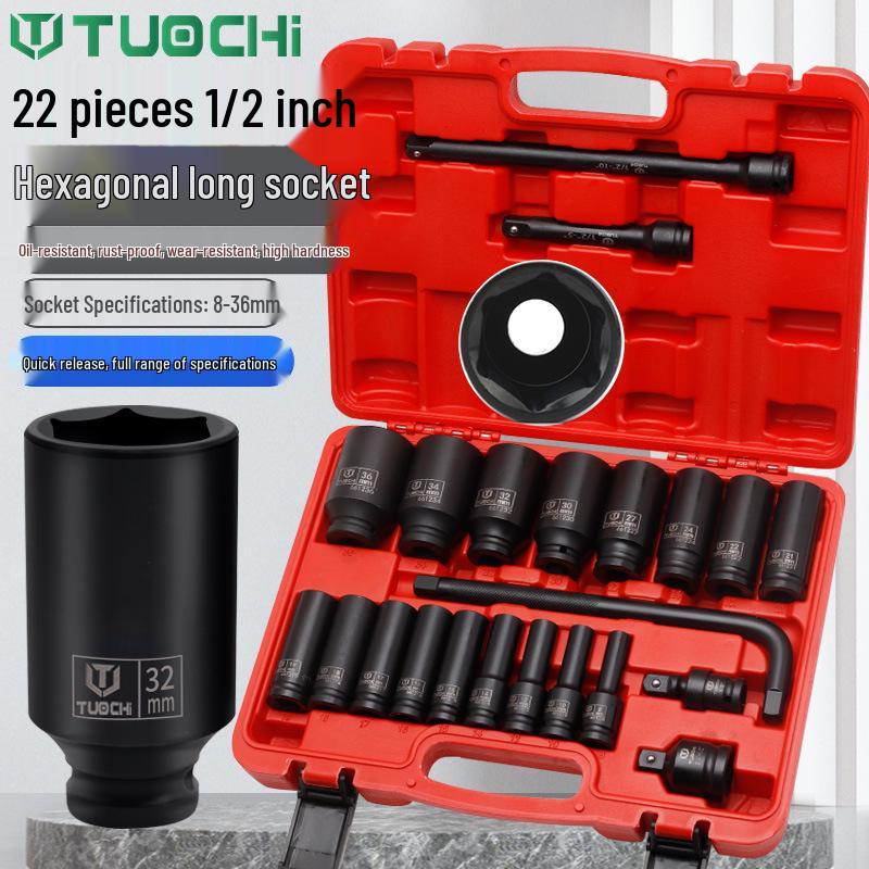 22-Piece Long Hex Socket Set, 12-Point Pneumatic, Thickened, Extended for Auto Repair & Maintenance.