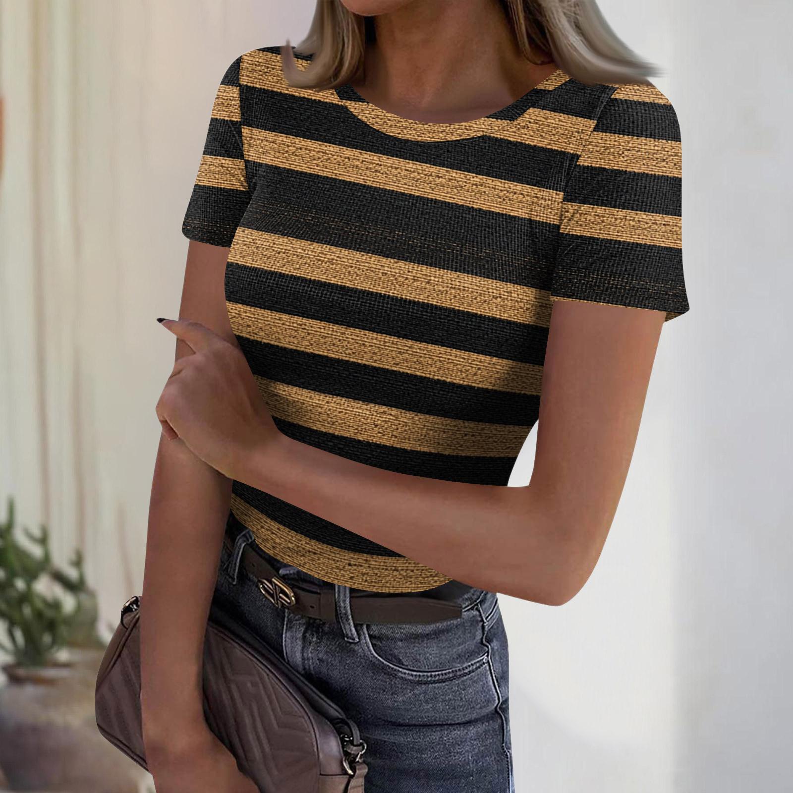 Women s Casual Fashion Round Neck Striped Print Short Sleeve Ribbed Top XXL