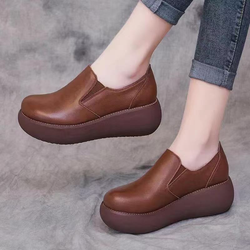 Retro Round Head Heightening Muffin Women's Platform Single Shoes 2025 Spring New One-pedal Soft-soled Lazy Casual Leather Shoes