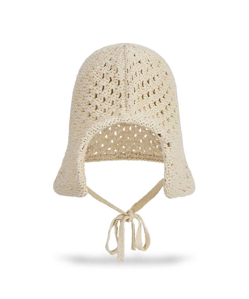 Bajal Va Curved Oval Metallic Knit Punched Bonnet Hat Beige