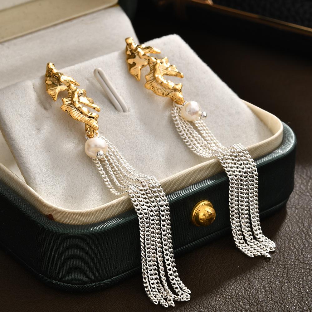 Elegant Long Tassel Chain Earrings, Luxury Pearl Drop Studs for Vacation